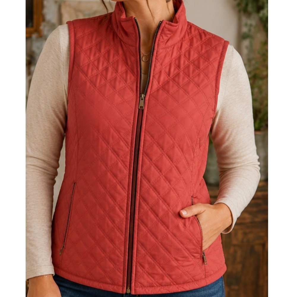 Christopher & Banks Womens XL Quilted Vest Pink Coral Full Zip Mock Neck Pockets